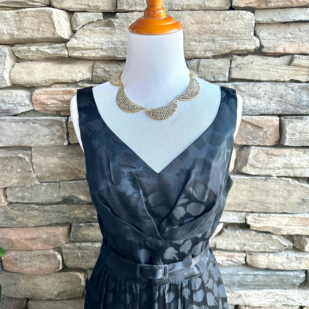 WHBM Silk Black A-Line Belt Dress LBD Black Cocktail Dress Fit Flare Sleeveless